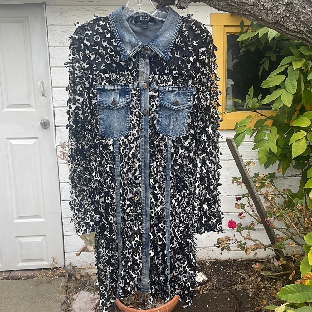A.Z.I New York leopard print circles dress or jacket denim trimmed size XL